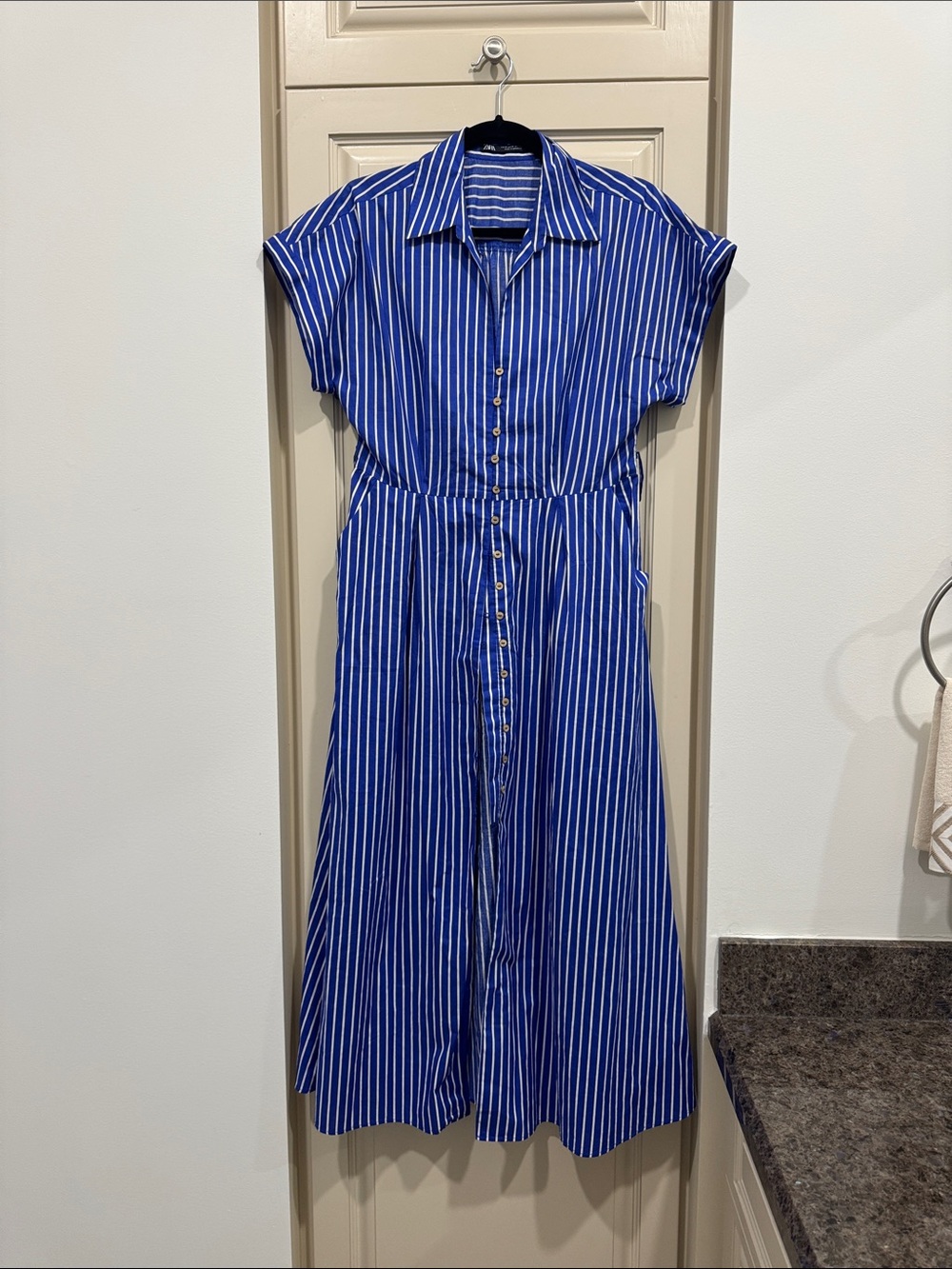 Zara Blue and White Striped Midi Shirt Dress